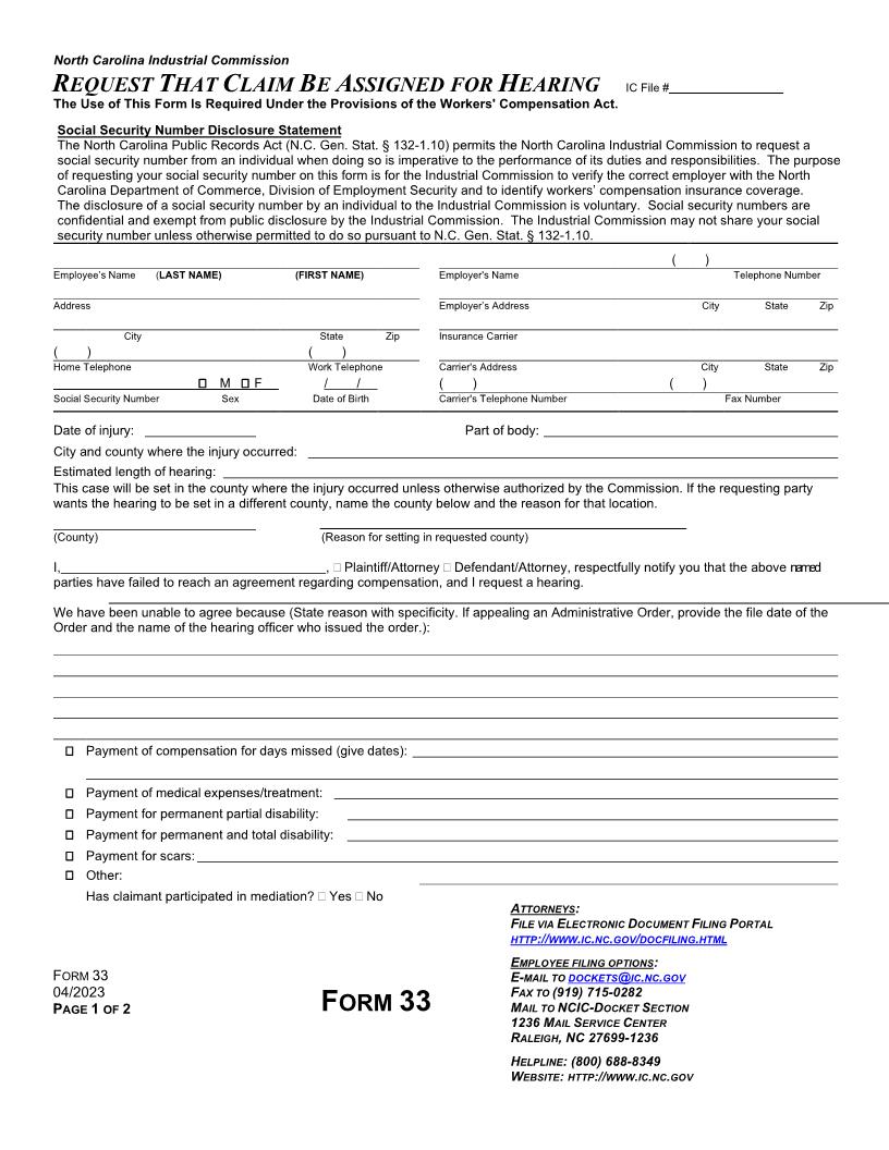 Request That Claim Be Assigned For Hearing {33} | Pdf Fpdf Docx | North Carolina