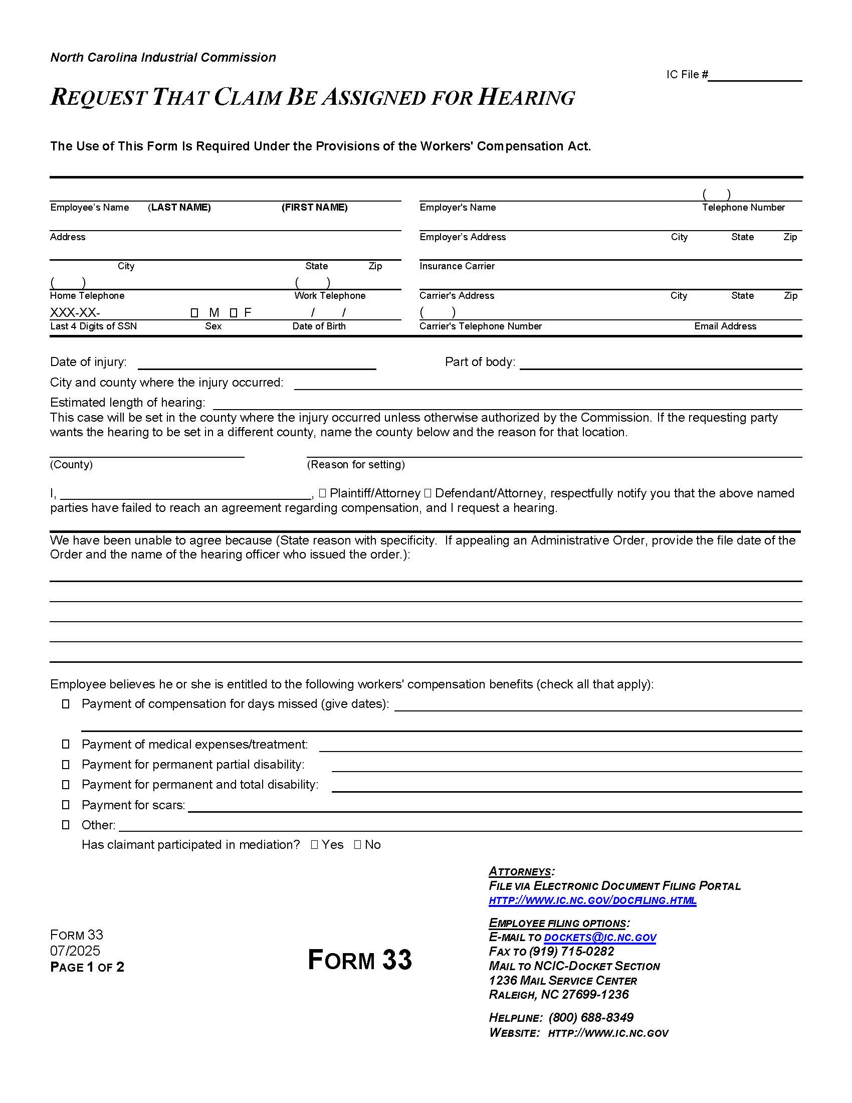 Request That Claim Be Assigned For Hearing {33} | Pdf Fpdf Docx | North Carolina