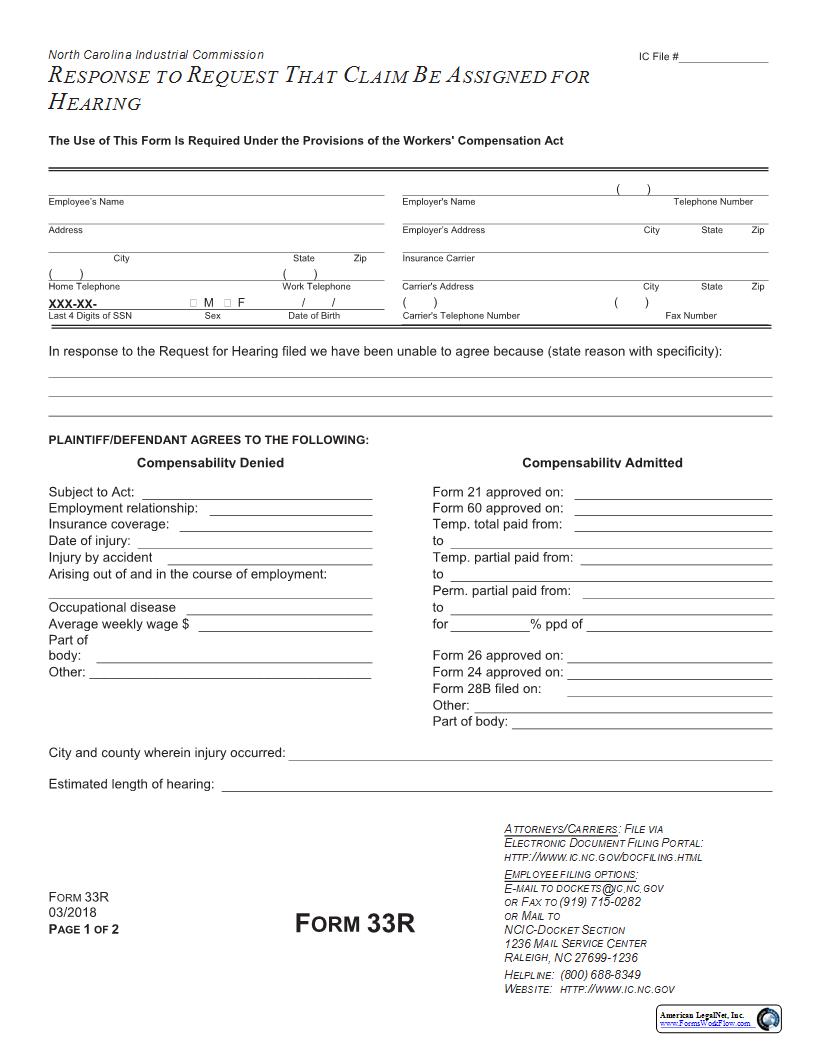 Response To Request That Claim Be Assigned For Hearing {33R} | Pdf Fpdf Docx | North Carolina