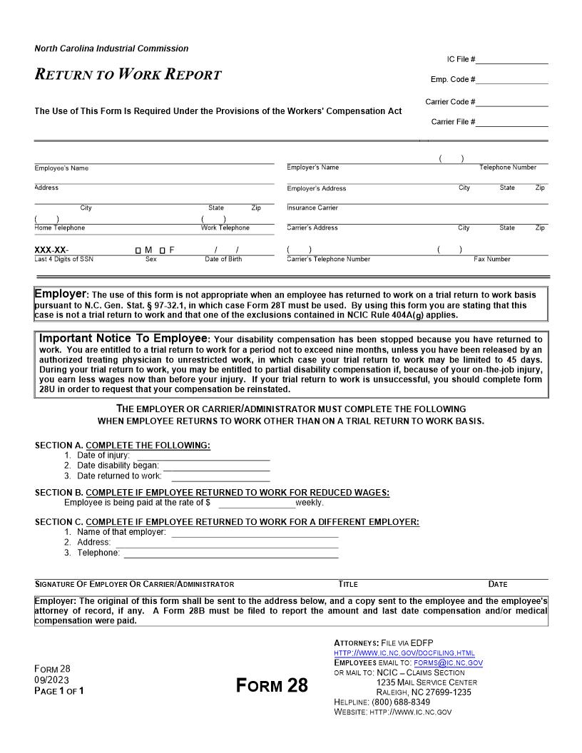 Return To Work Report {28} | Pdf Fpdf Docx | North Carolina