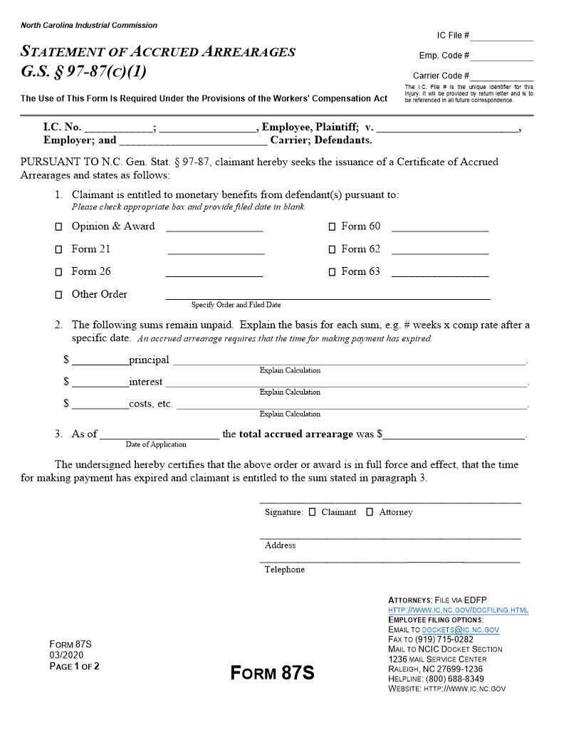 Statement Of Accrued Arrearages {87S} | Pdf Fpdf Docx | North Carolina