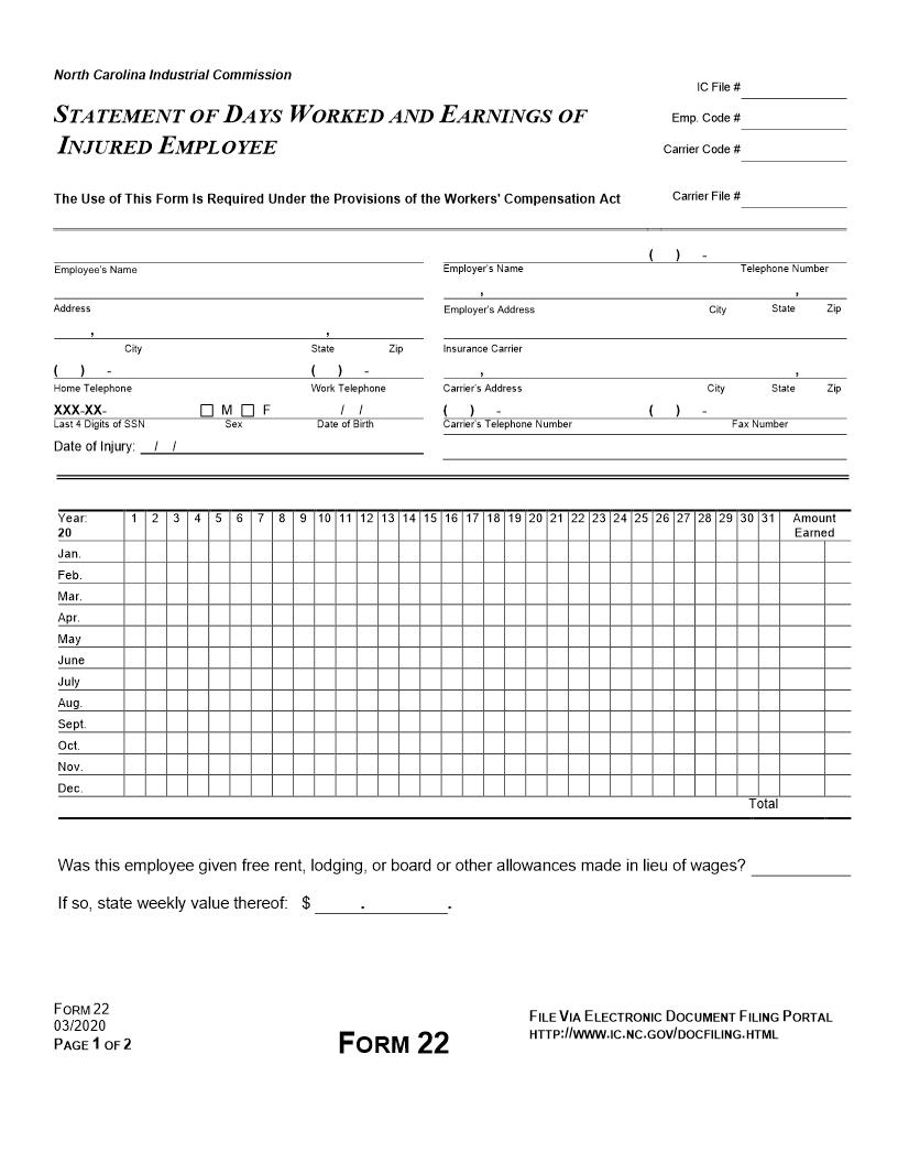 Statement Of Days Worked And Earnings Of Injured Employee {22} | Pdf Fpdf Doc Docx | North Carolina