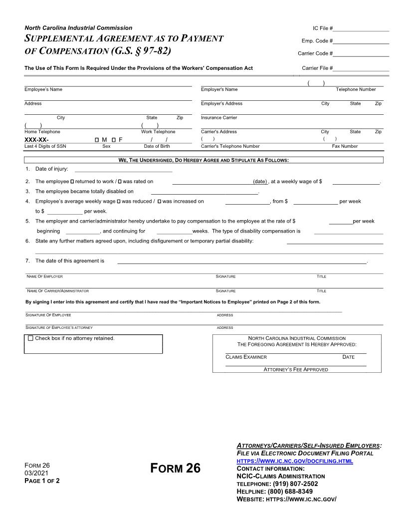 Supplemental Agreement As To Payment Of Compensation {26} | Pdf Fpdf Docx | North Carolina