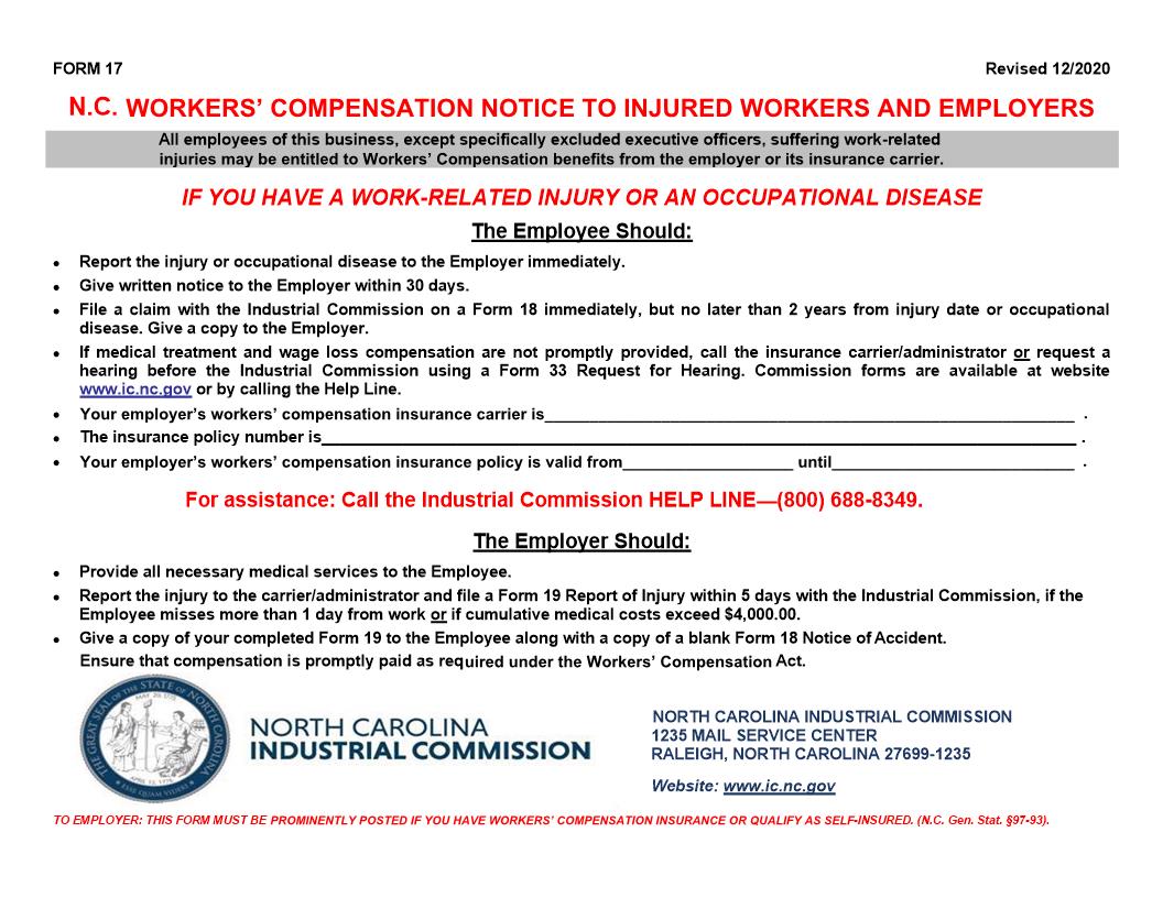Workers Compensation Notice To Injured Workers And Employers {17} | Pdf Fpdf Docx | North Carolina