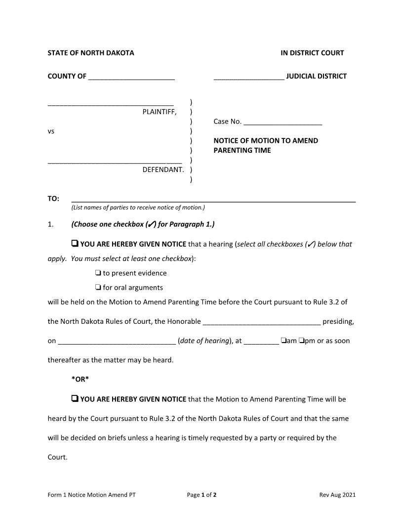 Form 1 Notice Of Motion To Amend Parenting Time {1} | Pdf Fpdf Docx | North Dakota