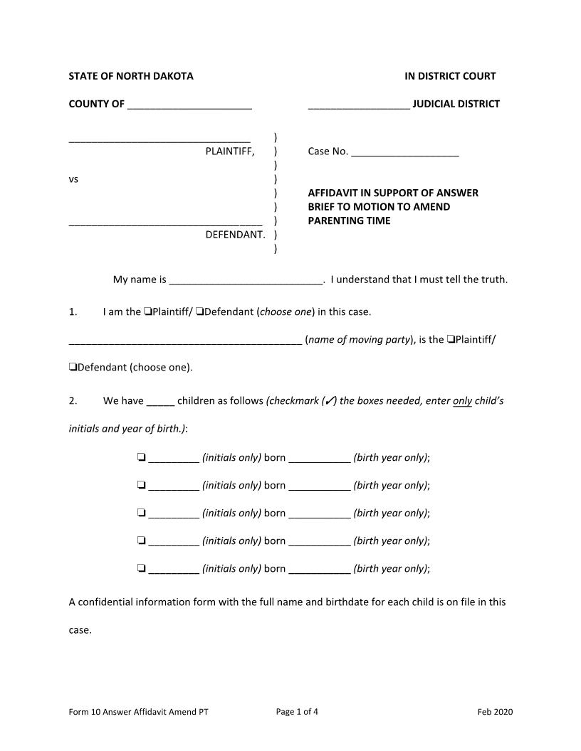 Form 10 Affidavit In Support Of Answer Brief To Motion To Amend {10} | Pdf Fpdf Docx | North Dakota