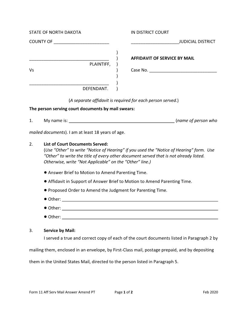 Form 11 Affidavit Of Service By Mail (Opposing Party) {11} | Pdf Fpdf Docx | North Dakota