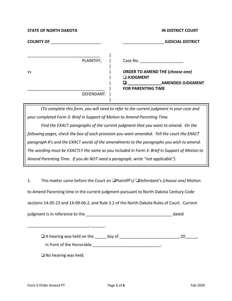 Form 5 Order To Amend The Judgment For Parenting Time (Proposed) {5} | Pdf Fpdf Doc Docx | North Dakota