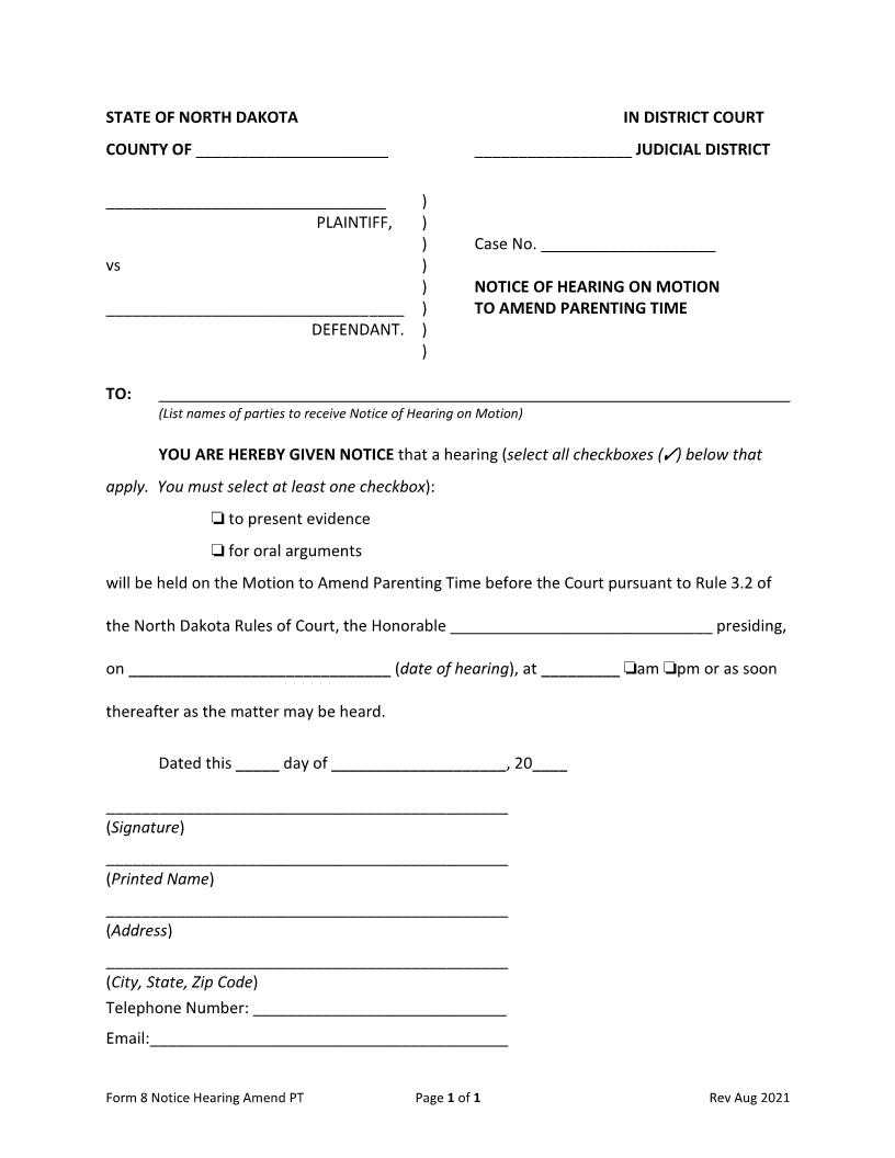 Form 8 Notice Of Hearing On Motion To Amend Parenting Time {8} | Pdf Fpdf Docx | North Dakota