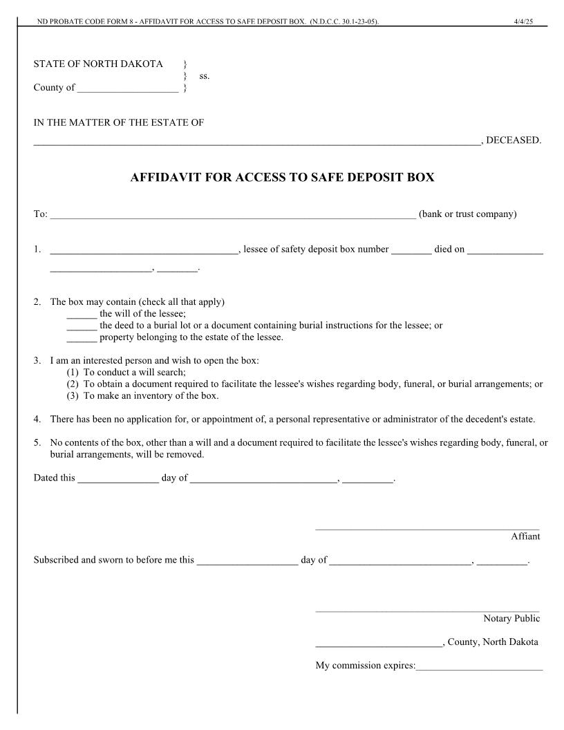 Affidavit For Access To Safe Deposit Box {8} | Pdf Fpdf Doc Docx | North Dakota