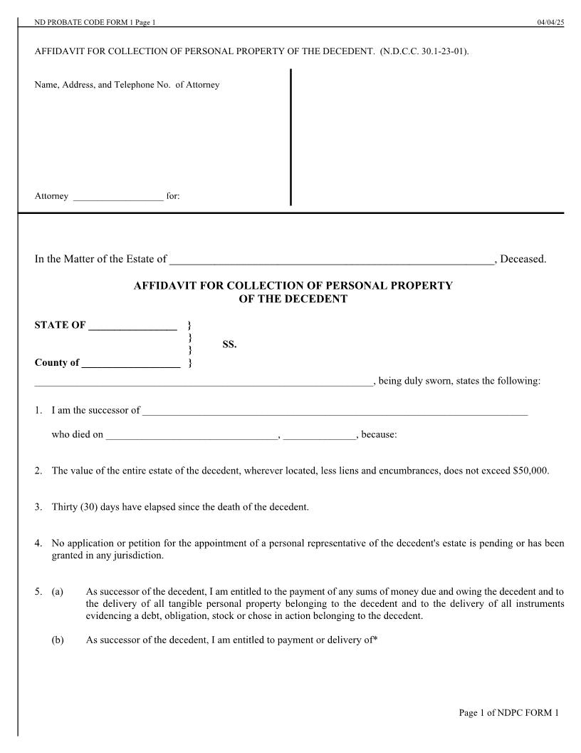 Affidavit For Collection Of Personal Property Of The Decedent {1} | Pdf Fpdf Doc Docx | North Dakota