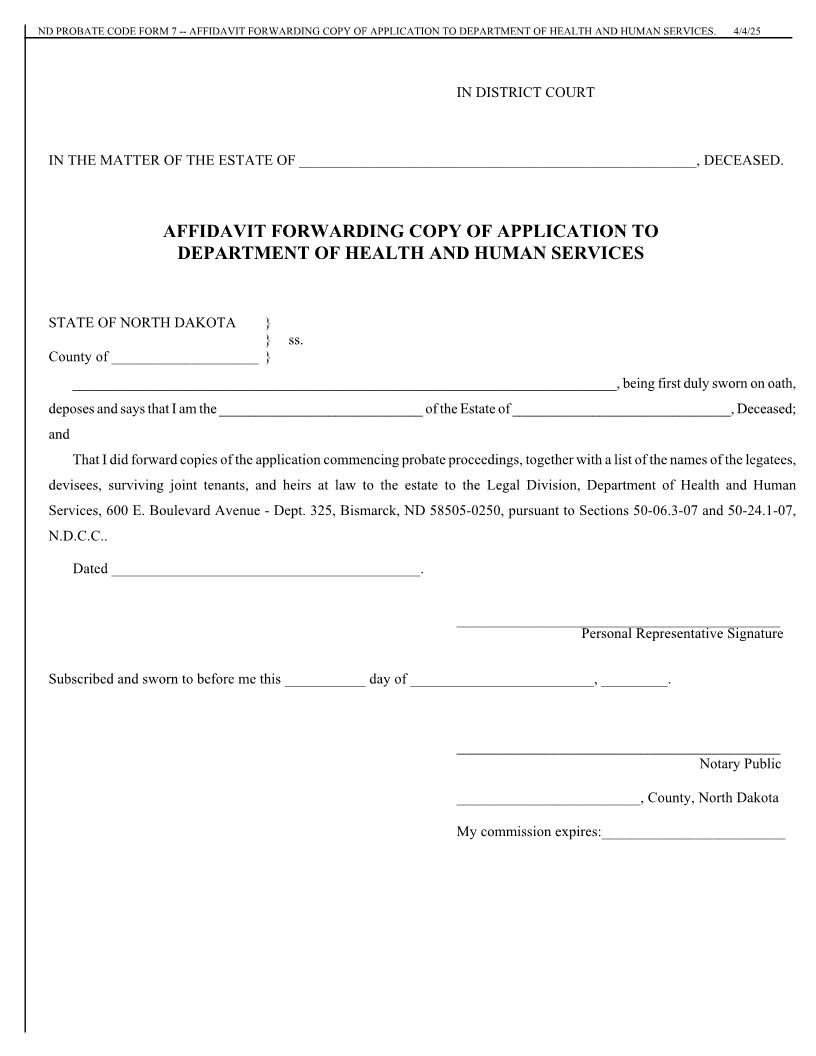 Affidavit Forwarding Copy Of Application To Department Of Human Services {7} | Pdf Fpdf Doc Docx | North Dakota