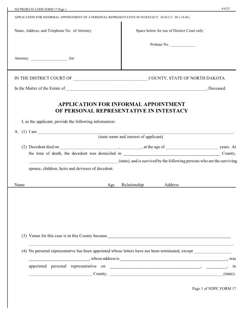 Application For Informal Appointment Of Personal Representative In Intestacy {17} | Pdf Fpdf Doc Docx | North Dakota