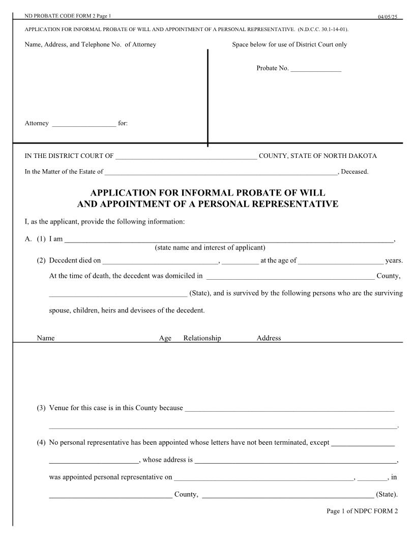 Application For Informal Probate Of Will And Appointment Of A Personal Representative {2} | Pdf Fpdf Doc Docx | North Dakota