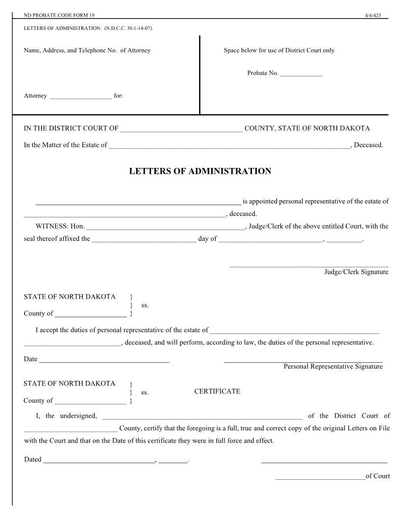 Letters Of Administration {19} | Pdf Fpdf Doc Docx | North Dakota