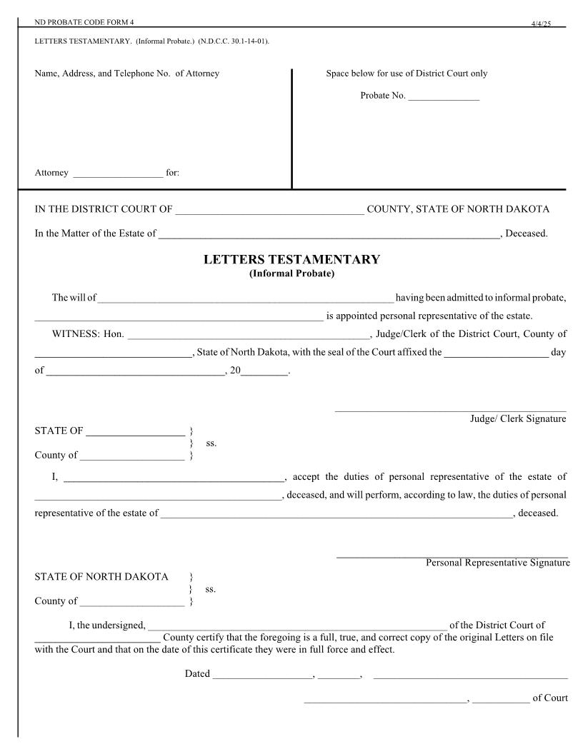 Letters Testamentary {4} | Pdf Fpdf Doc Docx | North Dakota