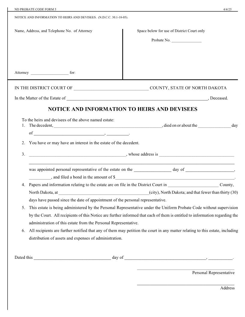 Notice And Information To Heirs And Devisees {5} | Pdf Fpdf Doc Docx | North Dakota