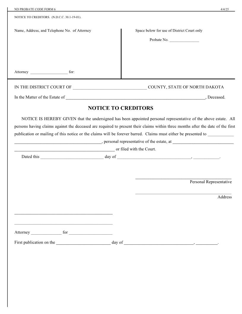 Notice To Creditors {6} | Pdf Fpdf Doc Docx | North Dakota