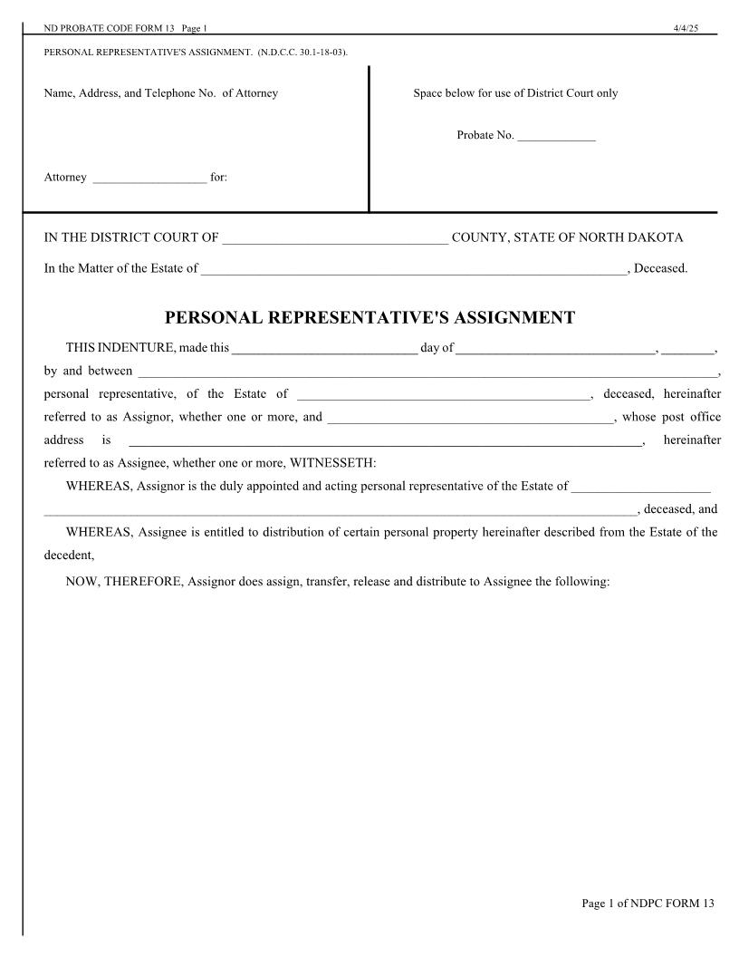 Personal Representatives Assignment {13} | Pdf Fpdf Doc Docx | North Dakota