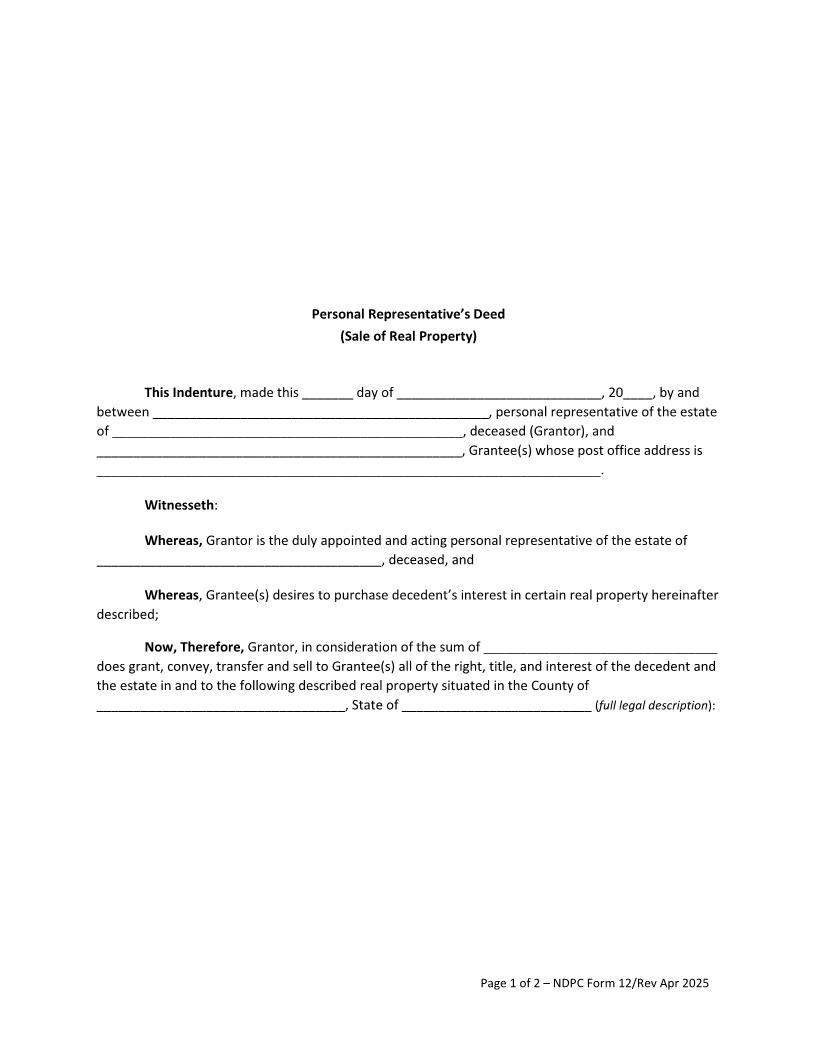 Personal Representatives Deed (Sale Of Real Property) {12} | Pdf Fpdf Doc Docx | North Dakota