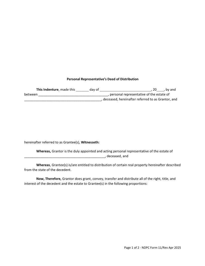 Personal Representatives Deed Of Distribution {11} | Pdf Fpdf Doc Docx | North Dakota