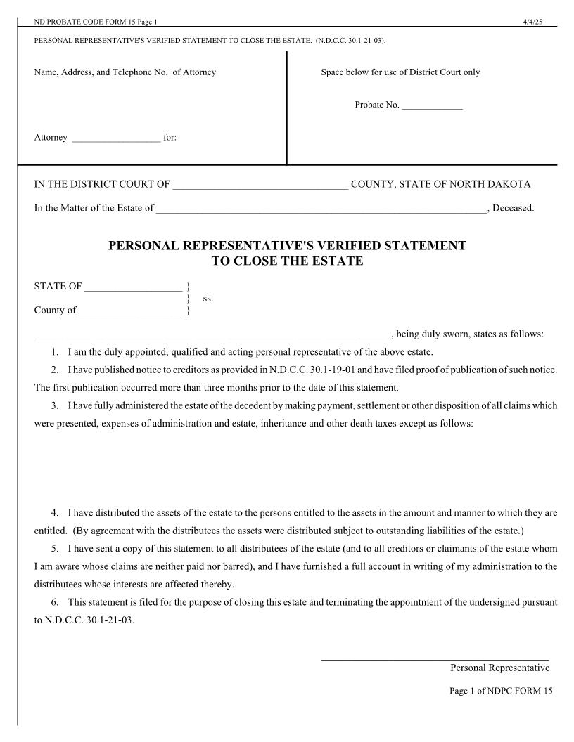 Personal Representatives Verified Statement To Close The Estate {15} | Pdf Fpdf Doc Docx | North Dakota