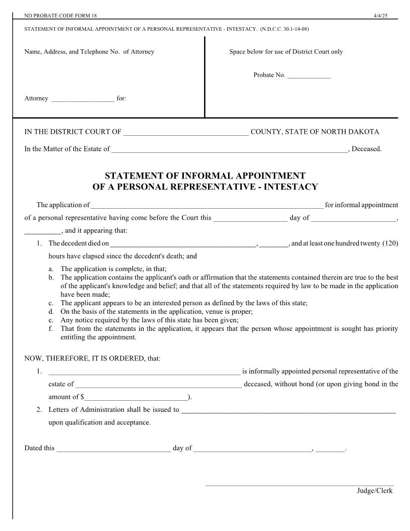 Statement Of Informal Appointment Of A Personal Representative - Intestacy {18} | Pdf Fpdf Doc Docx | North Dakota