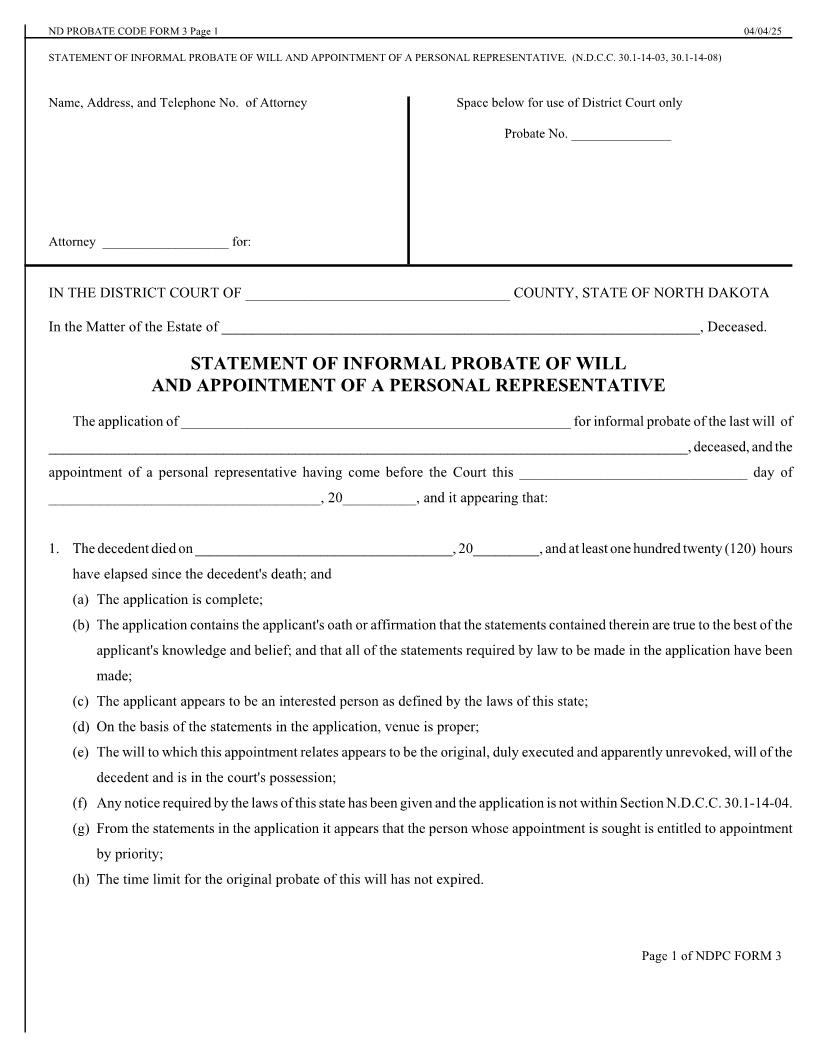 Statement Of Informal Probate Of Will And Appointment Of A Personal Representative {3} | Pdf Fpdf Doc Docx | North Dakota