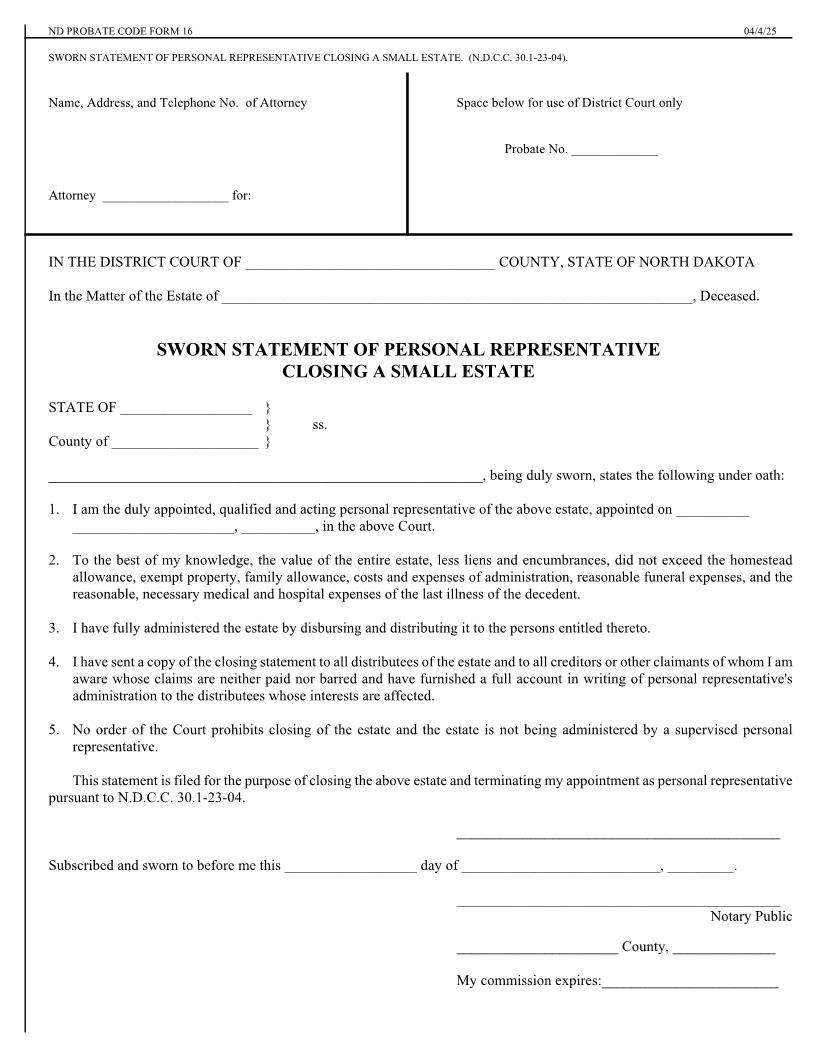Sworn Statement Of Personal Representative Closing A Small Estate {16} | Pdf Fpdf Doc Docx | North Dakota