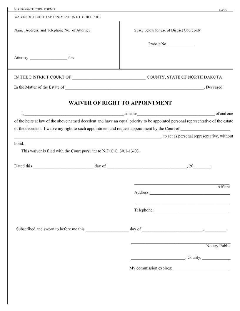 Waiver Of Right To Appointment {9} | Pdf Fpdf Doc Docx | North Dakota