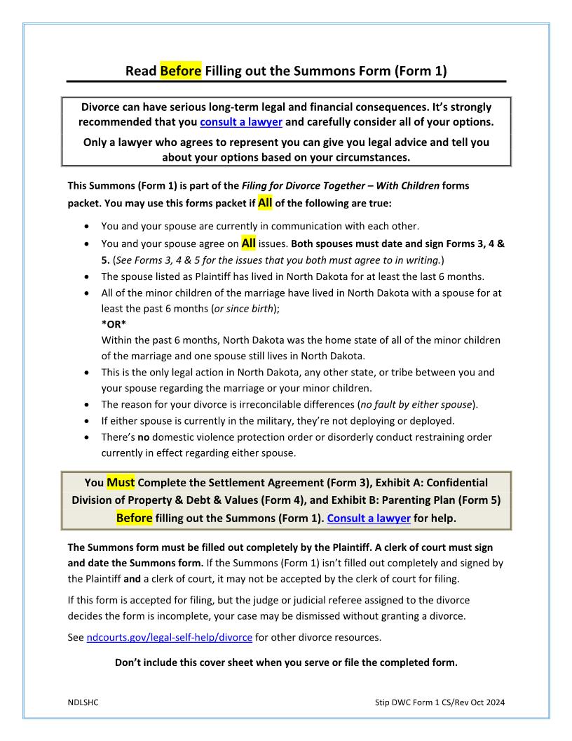 Form 1 Summons (DWC) {1} | Pdf Fpdf Docx | North Dakota