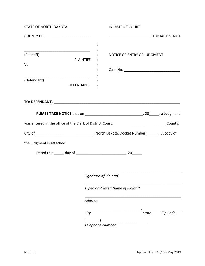 Form 10 Notice Of Entry Of Judgment (DWC) {10} | Pdf Fpdf Docx | North Dakota