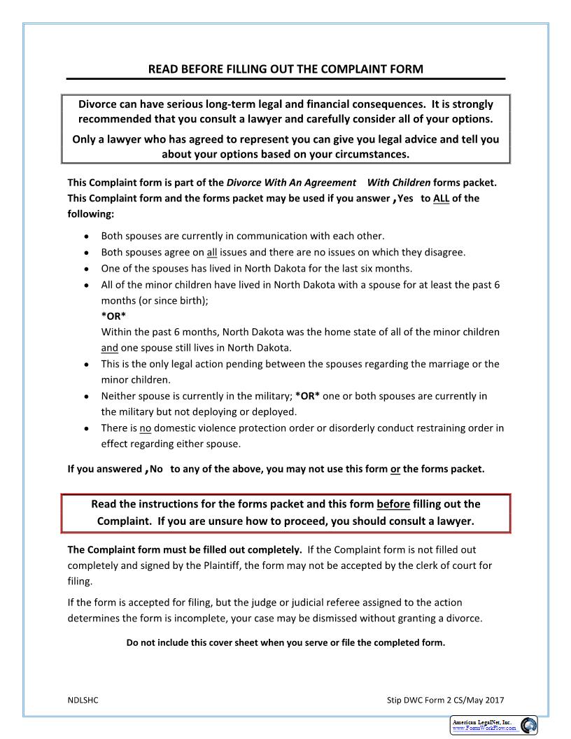 Form 2 Complaint (DWC) {2} | Pdf Fpdf Docx | North Dakota