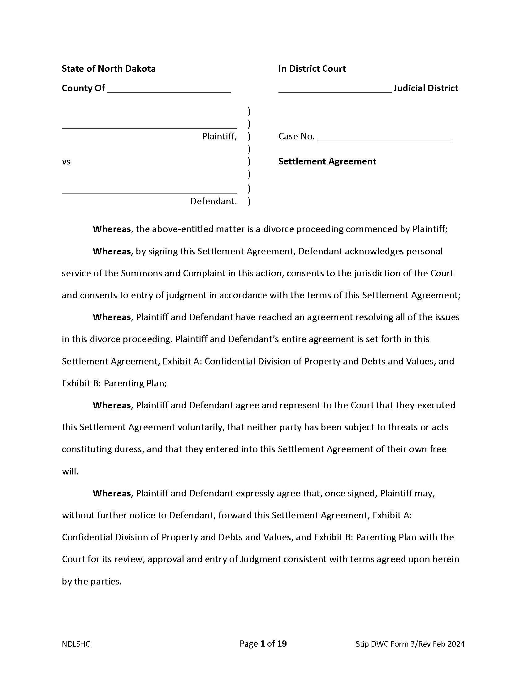 Form 3 Settlement Agreement (DWC) {3} | Pdf Fpdf Docx | North Dakota