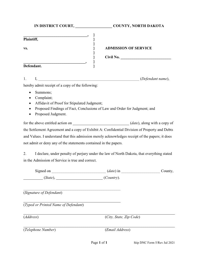 Form 5 Admission Of Service (DNC) {5} | Pdf Fpdf Docx | North Dakota