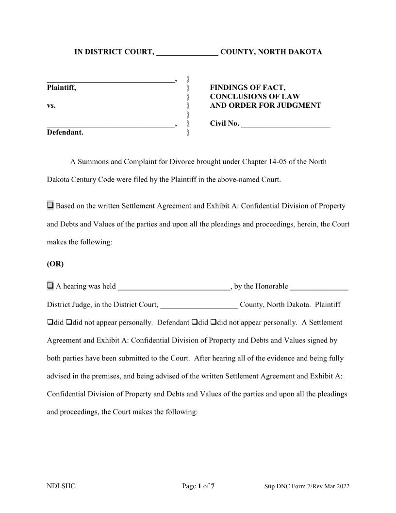 Form 7 Findings Of Fact Conclusions Of Law And Order (DNC) {7} | Pdf Fpdf Docx | North Dakota