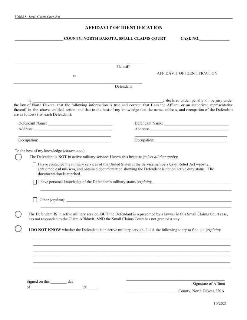 Affidavit Of Identification {8} | Pdf Fpdf Doc Docx | North Dakota