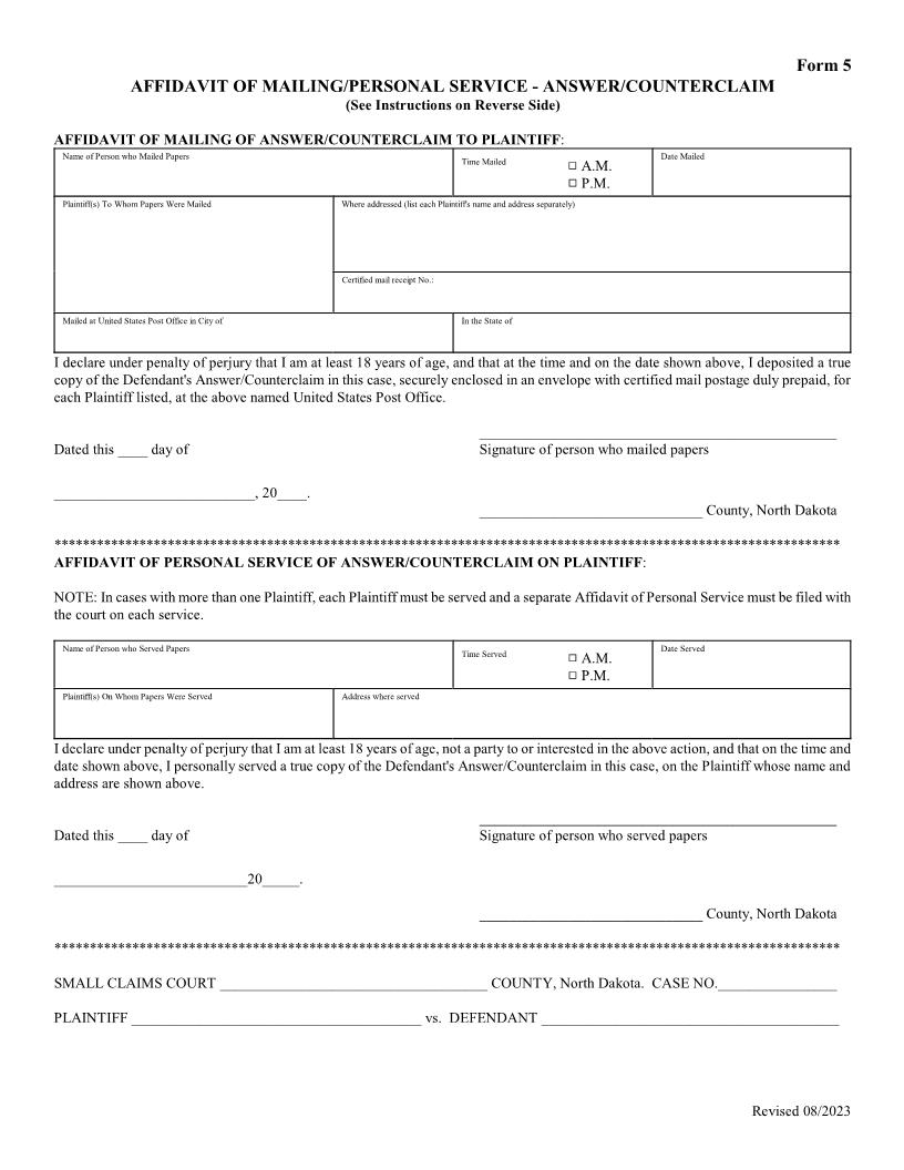 Affidavit Of Mailing-Personal Service - Answer-Counterclaim {5} | Pdf Fpdf Doc Docx | North Dakota