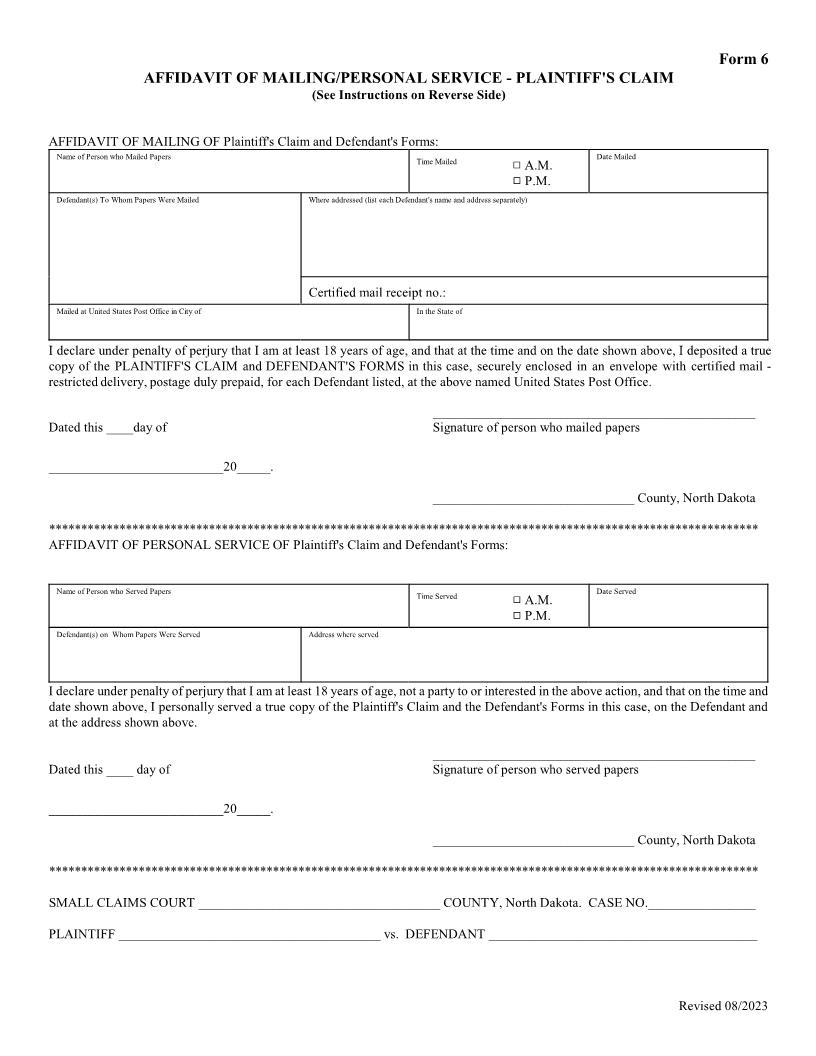 Affidavit Of Mailing-Personal Service - Plaintiffs Claim {6} | Pdf Fpdf Doc Docx | North Dakota
