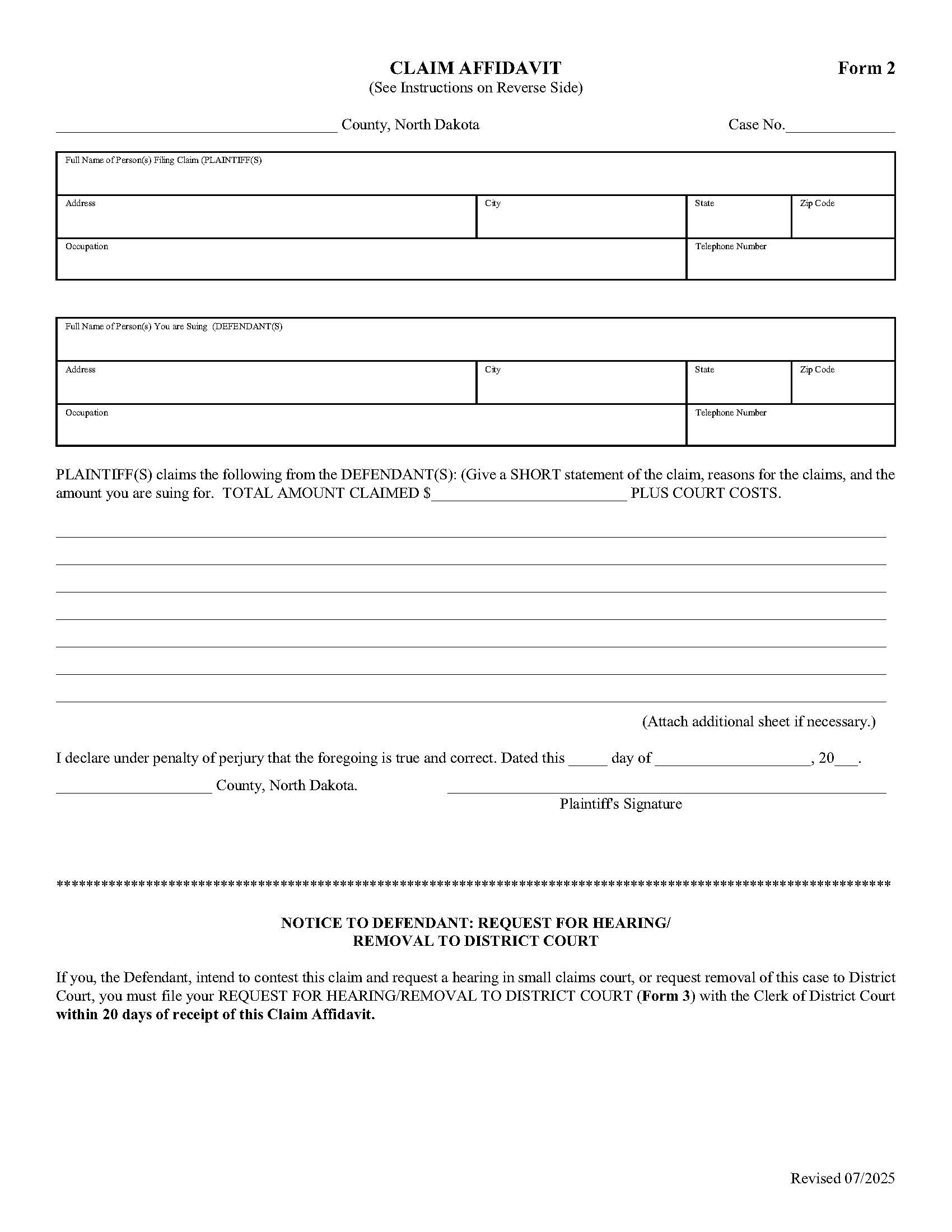 Claim Affidavit {2} | Pdf Fpdf Doc Docx | North Dakota