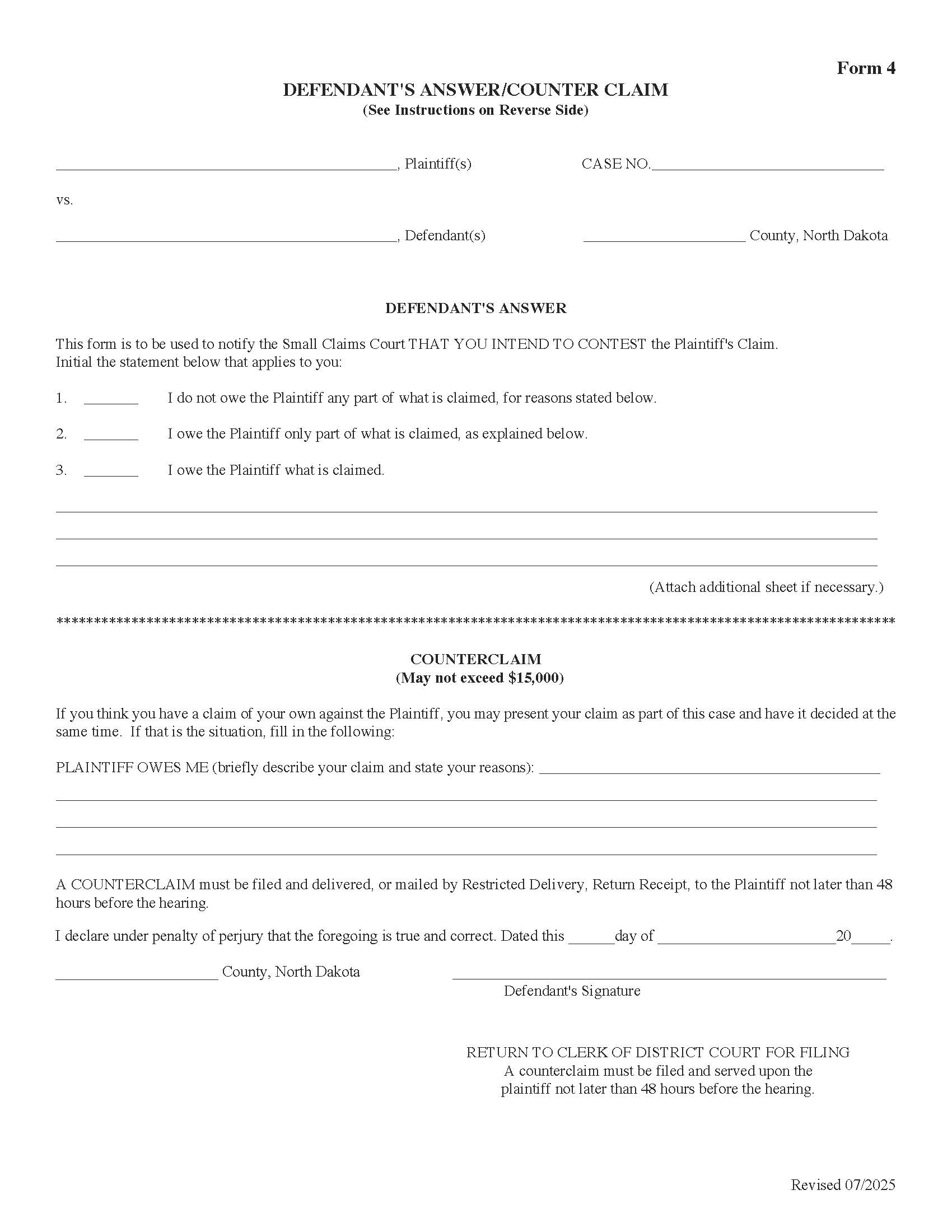 Defendants Answer-Counterclaim {4} | Pdf Fpdf Doc Docx | North Dakota