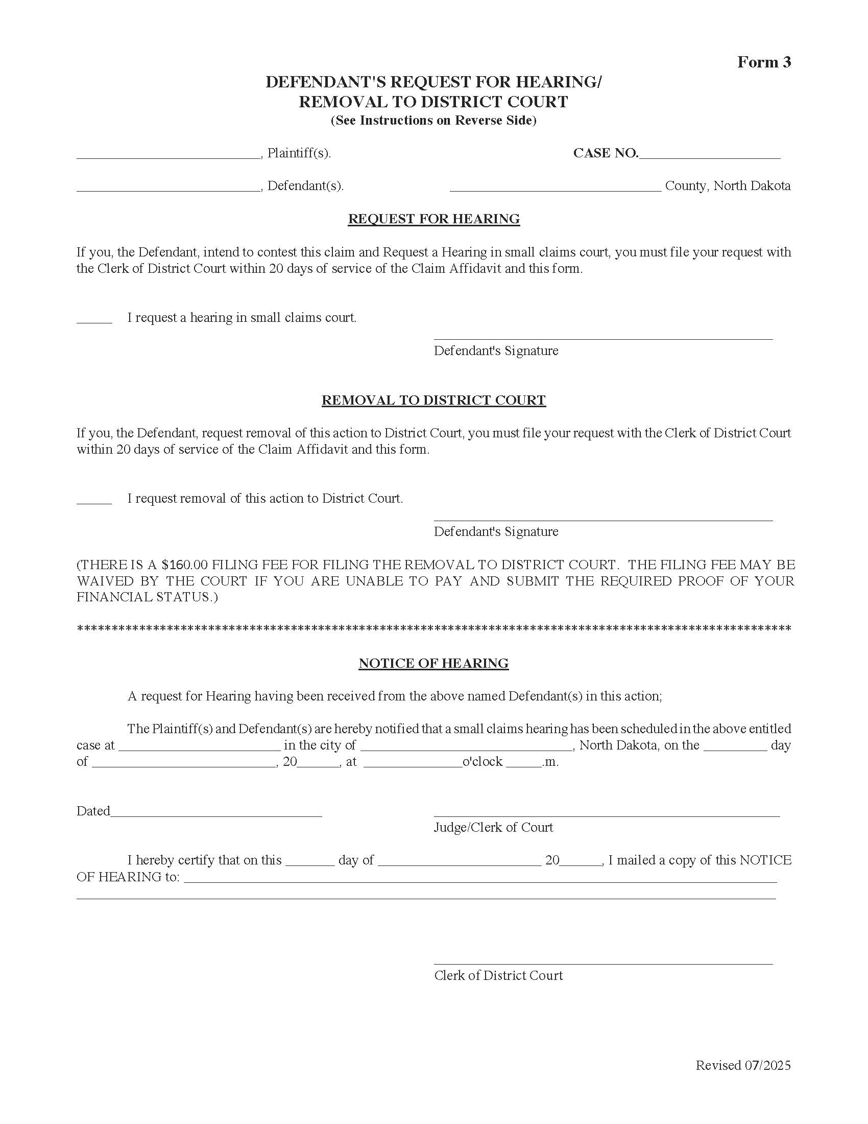 Defendants Request For Hearing - Removal To District Court {3} | Pdf Fpdf Doc Docx | North Dakota
