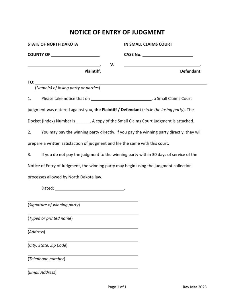 Notice Of Entry Of Judgment | Pdf Fpdf Docx | North Dakota