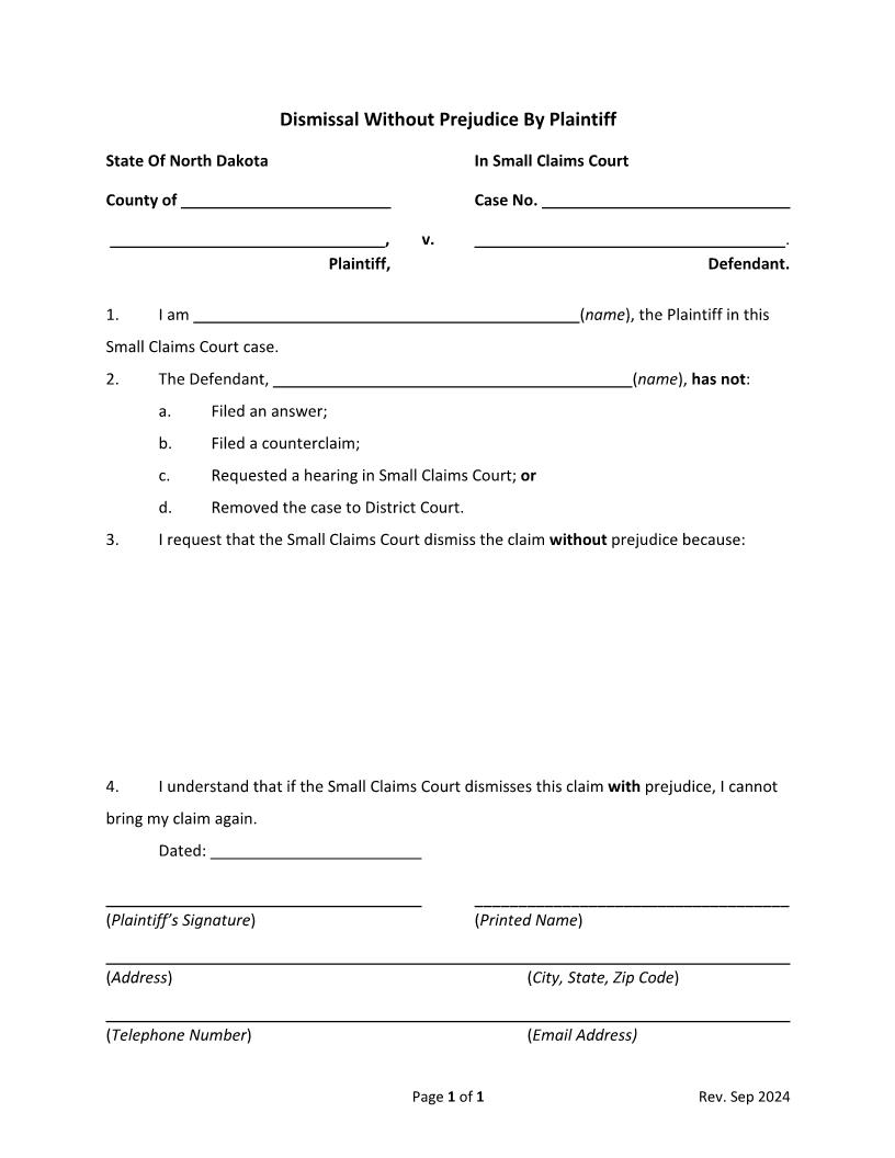 Plaintiffs Request To Dismiss Case (Dismissal Without Prejudice By Plaintiff) | Pdf Fpdf Docx | North Dakota