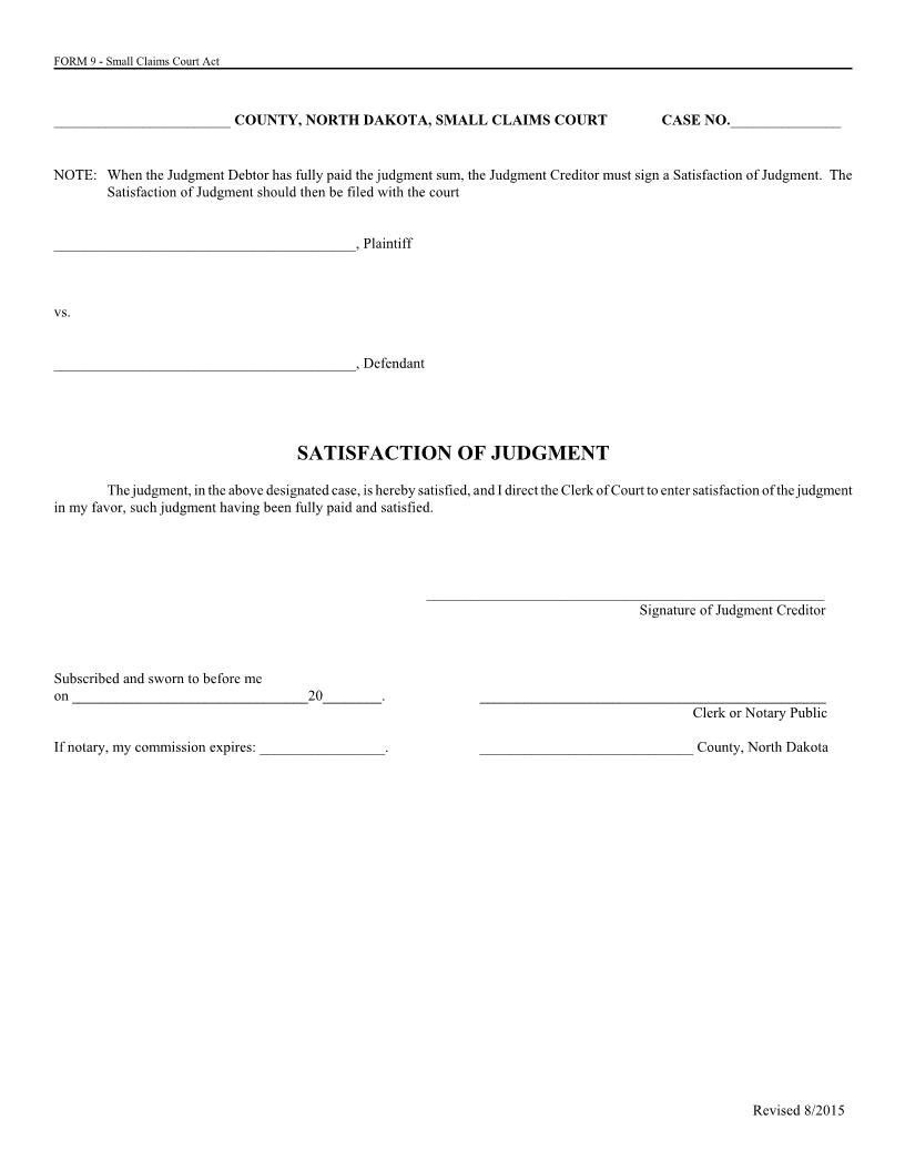 Satisfaction Of Judgment {9} | Pdf Fpdf Doc Docx | North Dakota