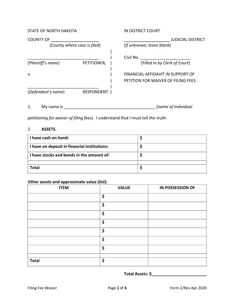 Financial Affidavit In Support Of Petition For Waiver Of Fees {2} | Pdf Fpdf Doc Docx | North Dakota