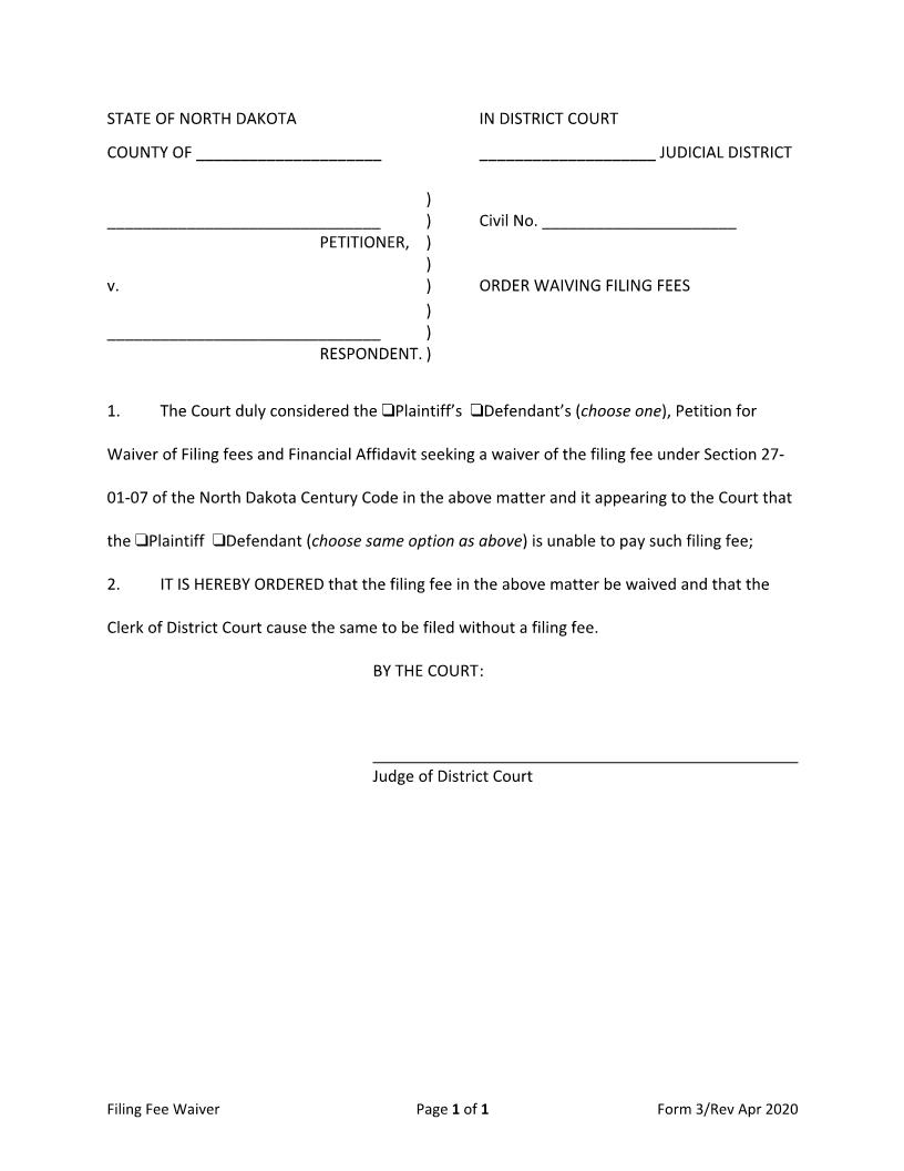 Order Waiving Filing Fees {3} | Pdf Fpdf Doc Docx | North Dakota