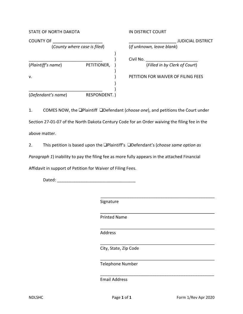 Petition For Waiver Of Fees {1} | Pdf Fpdf Doc Docx | North Dakota