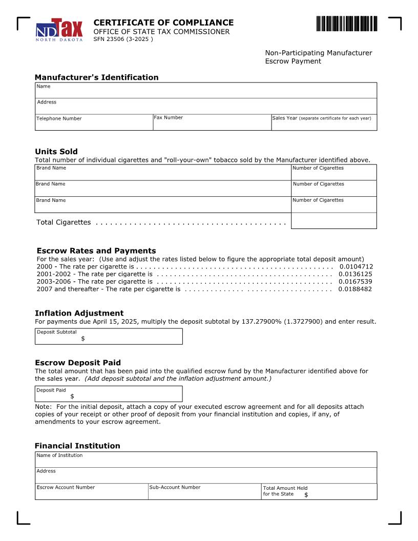 Certificate Of Compliance Non-Participating Manufacturer Escrow Payment {SFN 23506} | Pdf Fpdf Doc Docx | North Dakota