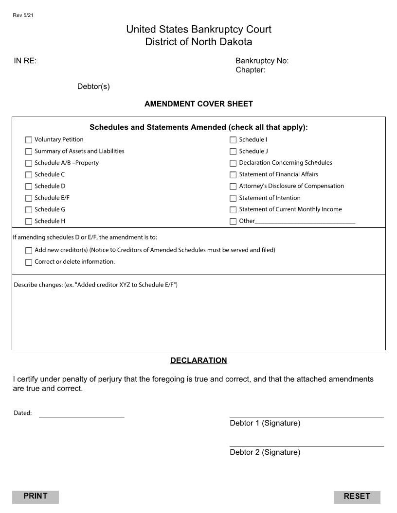 Amendment Cover Sheet | Pdf Fpdf Doc Docx | North Dakota
